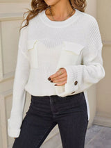 Pocket Detail Round Neck Sweater - Cream - Go-Dolly