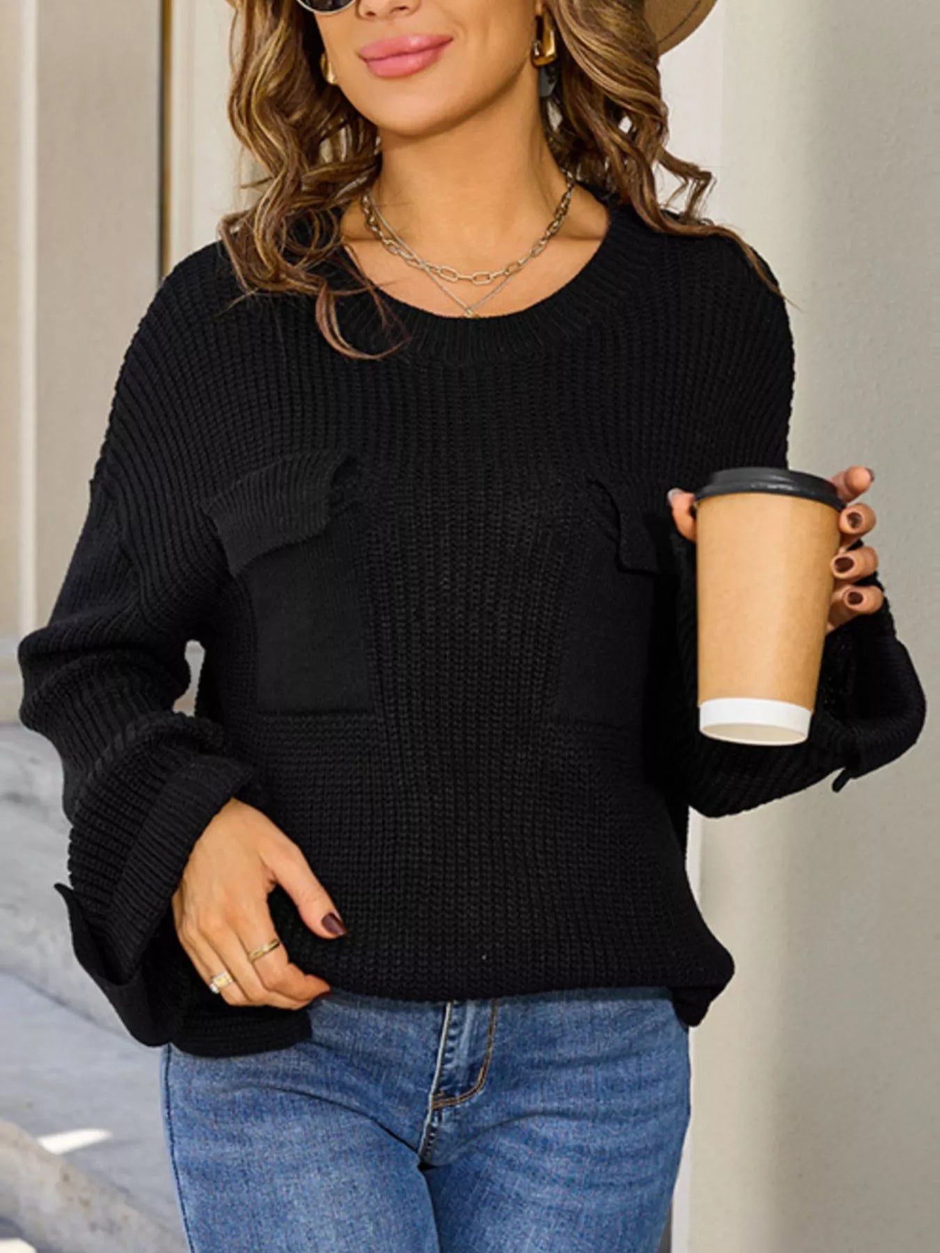 Pocket Detail Round Neck Sweater - Cream - Go-Dolly