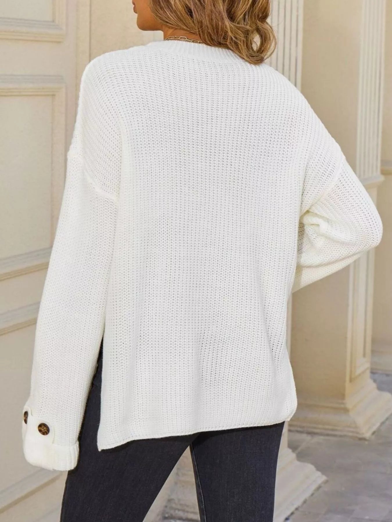 Pocket Detail Round Neck Sweater - Cream - Go-Dolly