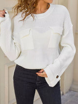 Pocket Detail Round Neck Sweater - Cream - Go-Dolly