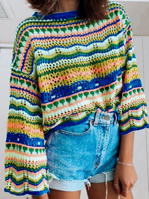Front view of Blue Indigo Print sweater with multi-colour stripe pattern.