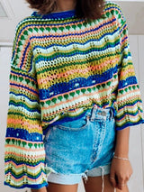 Front view of Blue Indigo Print sweater with multi-colour stripe pattern.