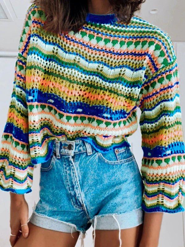 Casual styling of Blue Indigo Print Rich In Time Sweater with light-wash denim.