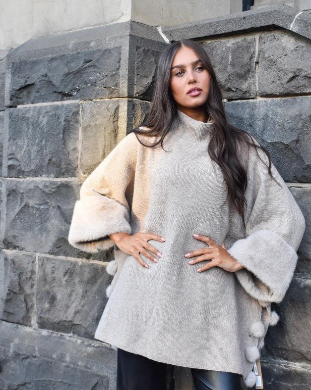 Rylee Faux Fur Poncho - Beige - Go - Dolly