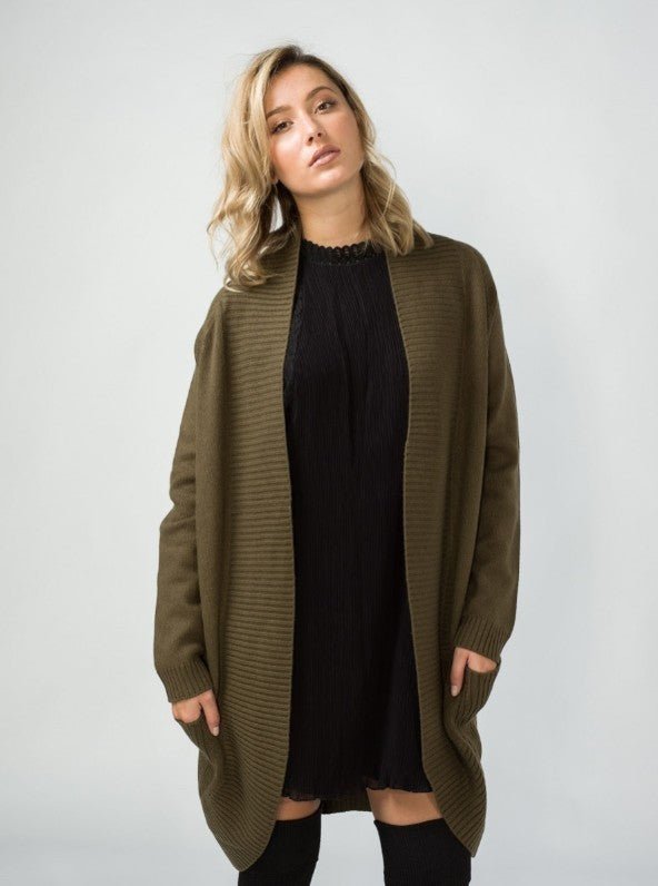 Sadie Wool Blend Long Cardigan - Olive Green - Go-Dolly
