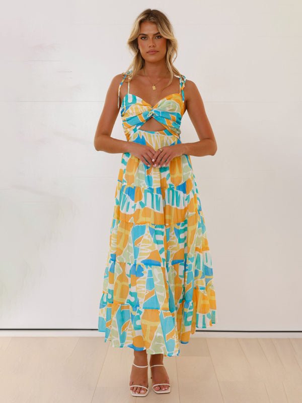 Woman wearing a colorful dress with a white background