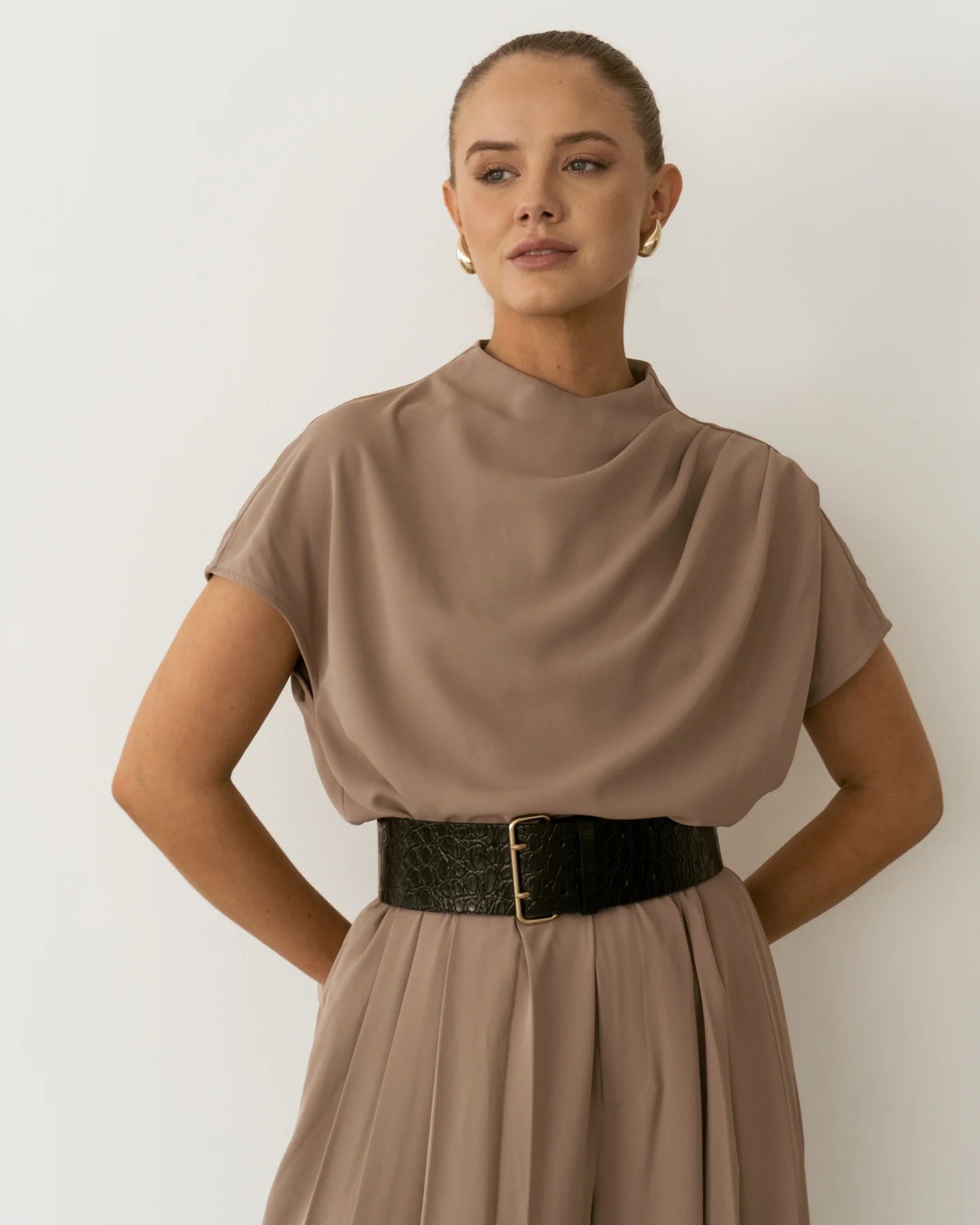 Front view of Sharee Top showing cowl neckline and relaxed silhouette.