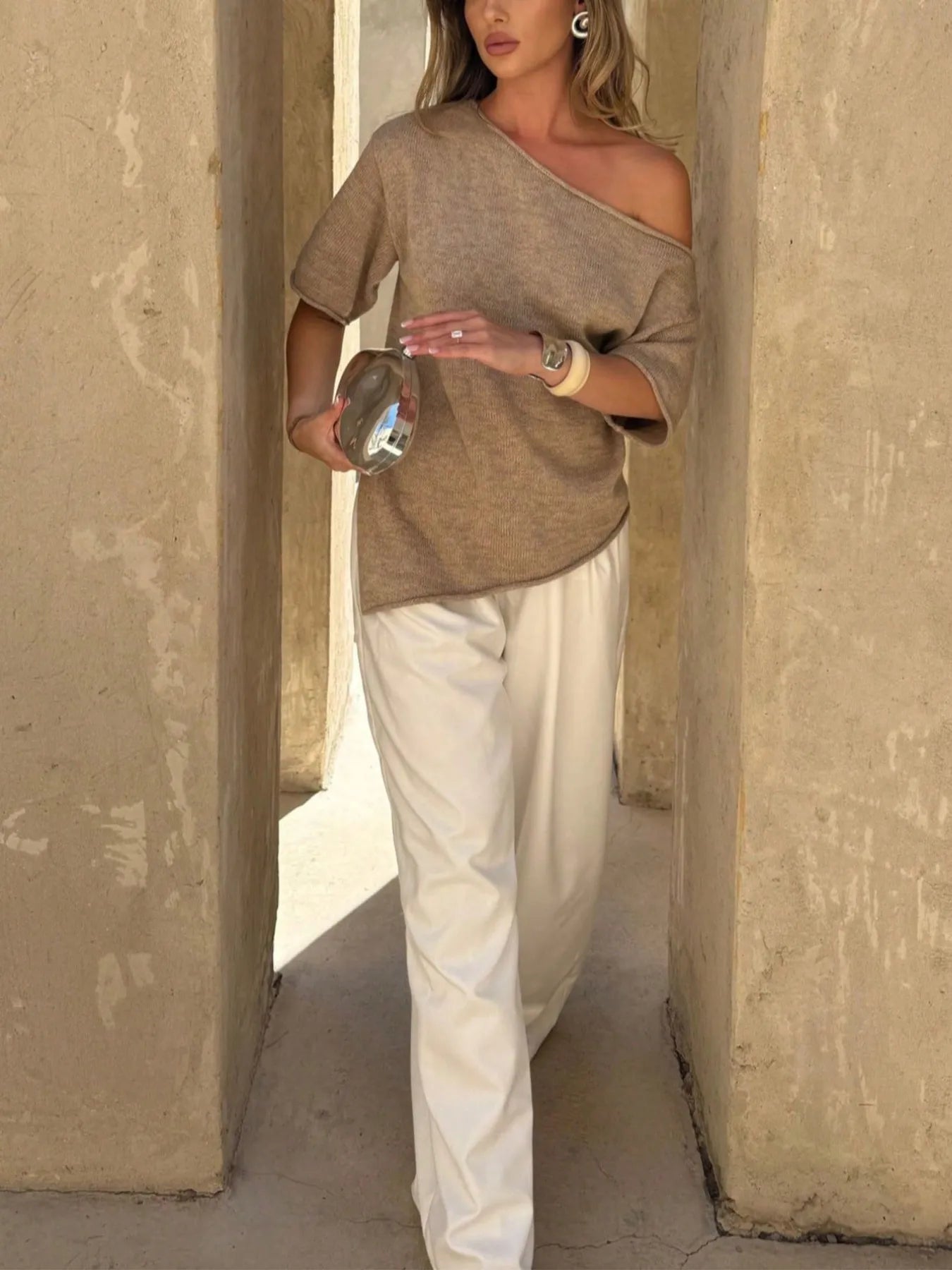 Sienna Off The Shoulder Knit - Khaki - Go - Dolly