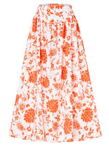 Flat-lay image of orange floral Summer Love Skirt highlighting its maxi length and bold print.