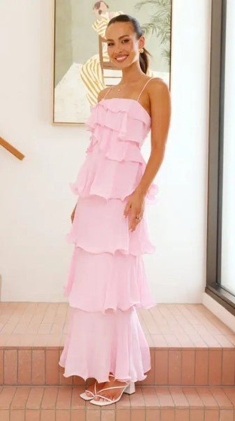 Talia Tiered Ruffle Maxi Dress - Pink - Go-Dolly