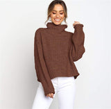Front-facing view of the Chocolate Brown Tamra Jumper with turtleneck and ribbed details.