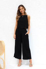 Black summer two piece set Australia featuring sleeveless top and flowy wide-leg pants