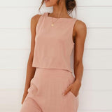 Close-up of blush pink linen-effect women’s two piece matching set