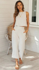 Relaxed fit beige two piece matching set styled for summer wear