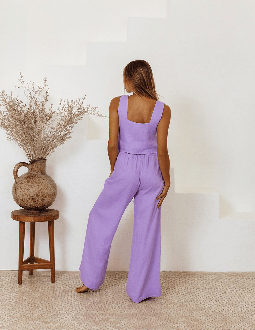 Back view of lavender Shanti two piece set with wide straps