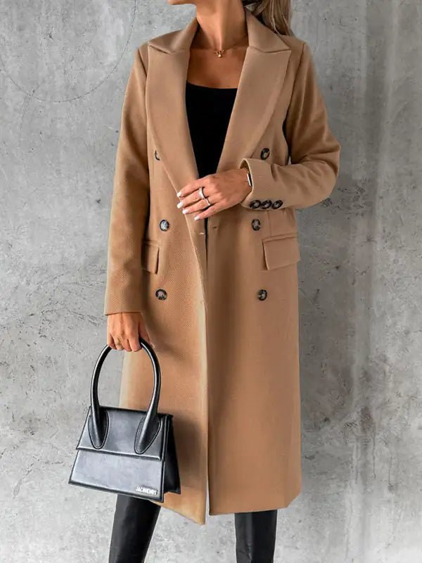 Willow Luxe Long Coat in camel – front view styled with black handbag