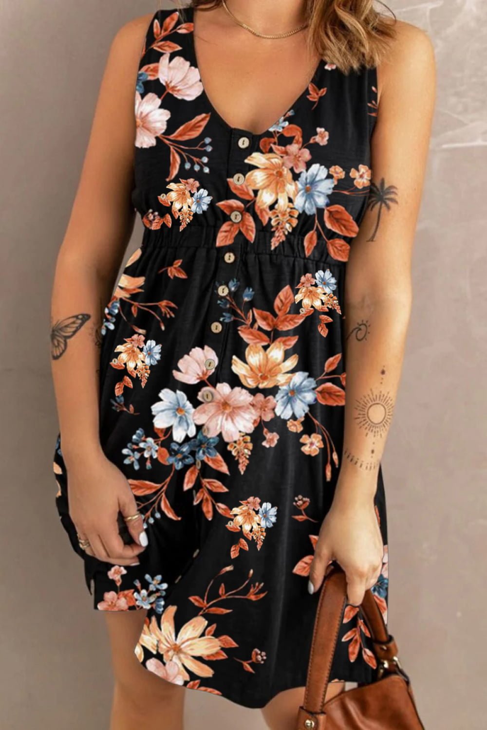 Yana Sleeveless Front Button Mini Dress - Printed - Go-Dolly