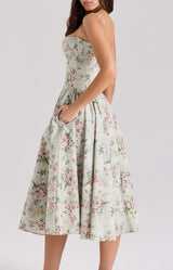 Floral strapless dress on a white background