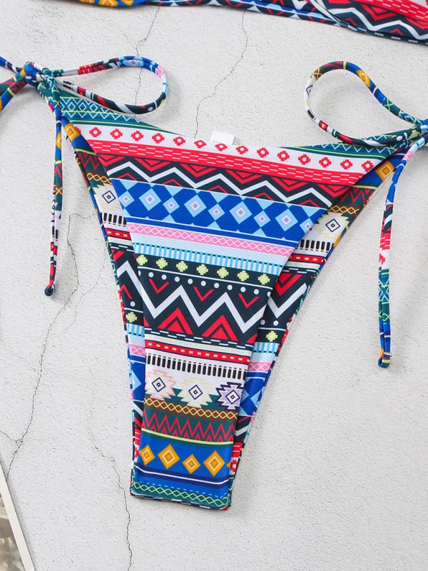 Close-up of Adria 2 Piece Bikini in dark blue and red showing neckline and print.