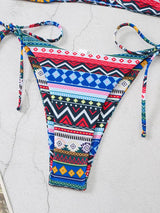Close-up of Adria 2 Piece Bikini in dark blue and red showing neckline and print.