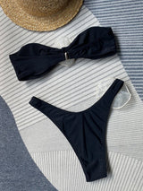 Flat lay of Boob Tube Striped Bikini set with striped top and high-waist bottoms.