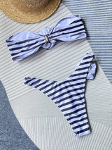Flat lay of Boob Tube Striped Bikini set with striped top and high-waist bottoms.