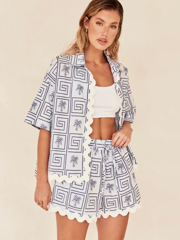 The Celestial 2 Piece Set featuring a front button-up shirt and high-waisted shorts in geometric print.