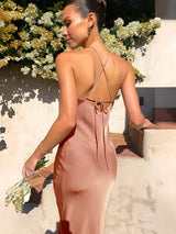 Esme Halter Neck Satin Maxi Dress – Blue, Pink, Brown - Go - Dolly