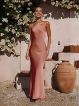 Esme Halter Neck Satin Maxi Dress – Blue, Pink, Brown - Go - Dolly