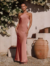 Esme Halter Neck Satin Maxi Dress – Blue, Pink, Brown - Go - Dolly