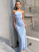 Esme Halter Neck Satin Maxi Dress – Blue, Pink, Brown - Go - Dolly