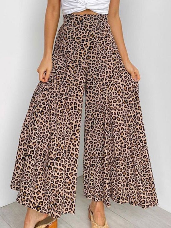Leopard print wide-leg pants worn by a woman on a plain background