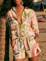 Side angle of Marisol printed co-ord highlighting high-waisted shorts and pockets.