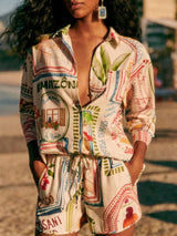 Close-up of Marisol Set showing long-sleeve shirt with collar and relaxed fit.