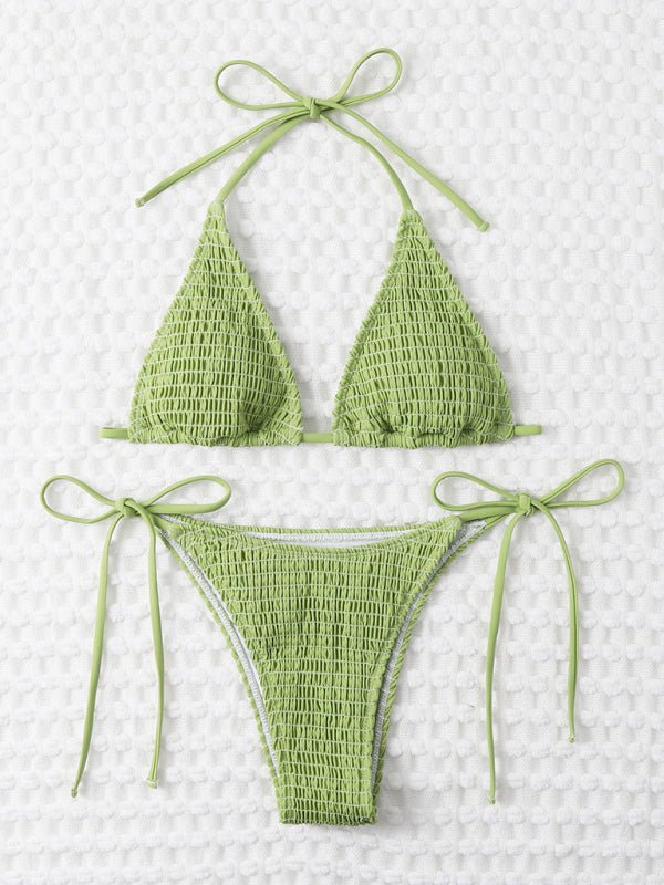 Complete flat lay of the Midori Summer Bikini set in bright green.