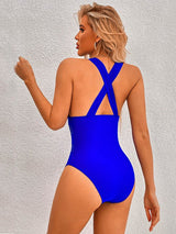 Back view of the cobalt blue One-Piece Mesh Swimsuit with cross-back straps.