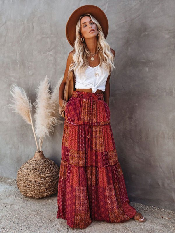 Burgundy Perfect Dayz Maxi Skirt paired with neutral top and hat, creating a rich, earthy bohemian look.
