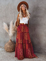 Burgundy Perfect Dayz Maxi Skirt paired with neutral top and hat, creating a rich, earthy bohemian look.