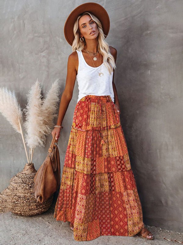 Burgundy Perfect Dayz Maxi Skirt paired with neutral top and hat, creating a rich, earthy bohemian look.
