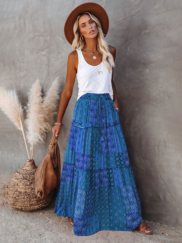 Blue Perfect Dayz Maxi Skirt styled with a white tank top and wide-brimmed hat, exuding breezy boho vibes.