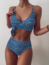 Blue polka dot bikini set front view highlighting supportive fit.