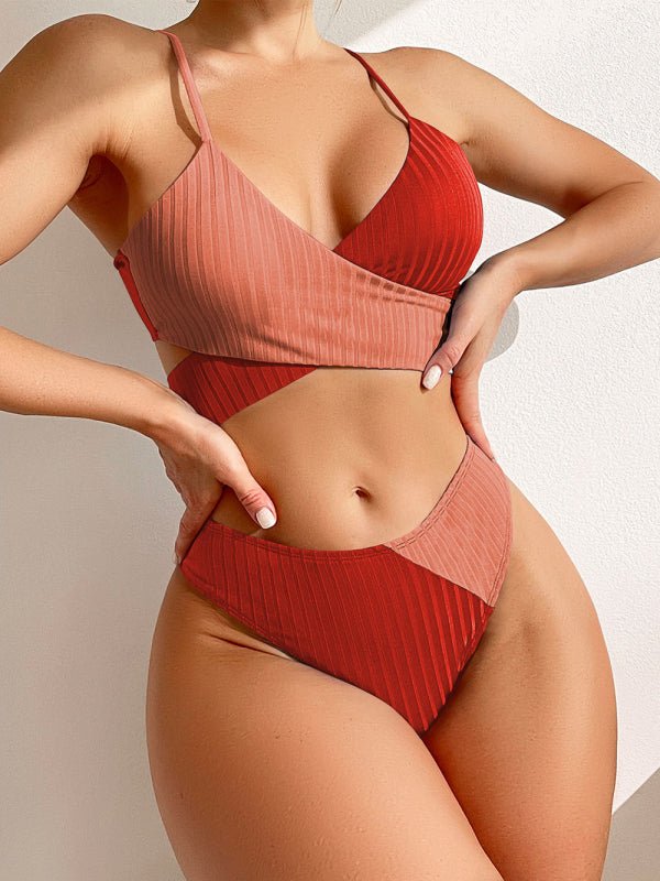 A model wearing the Ribbed Cross Strap Bikini in rust, showing the front crossover design.