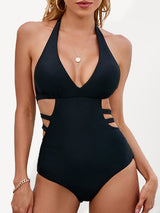 Halter one‑piece swimsuit in leopard print with ruched middle and V‑neck neckline