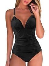 Black halter one‑piece swimsuit with elegant ruching and supportive neckline