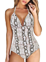 Snake‑print halter one‑piece swimsuit with chic V‑neck ruching
