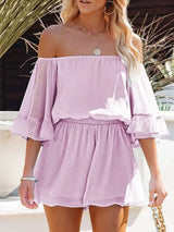 Purple version of the Adelaide Chiffon Playsuit with sheer sleeves and flowy fit
