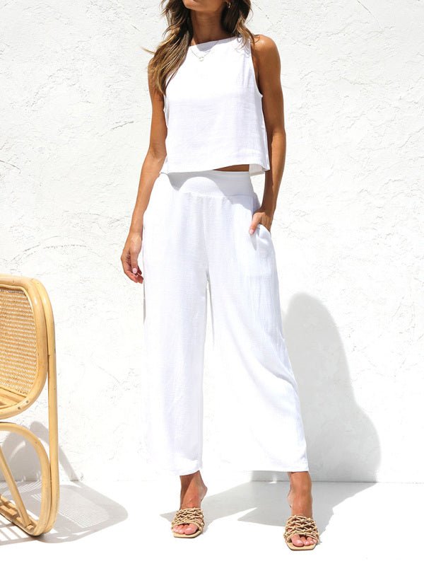 White summer two piece set Australia with sleeveless top and wide-leg pants