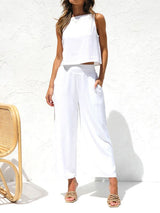 White summer two piece set Australia with sleeveless top and wide-leg pants