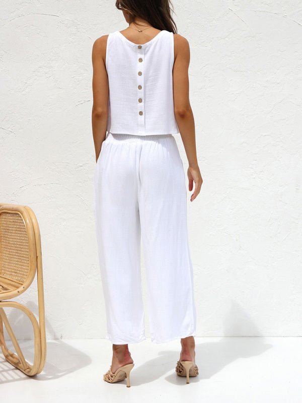 Back view of white linen-effect matching set with wide-leg pants