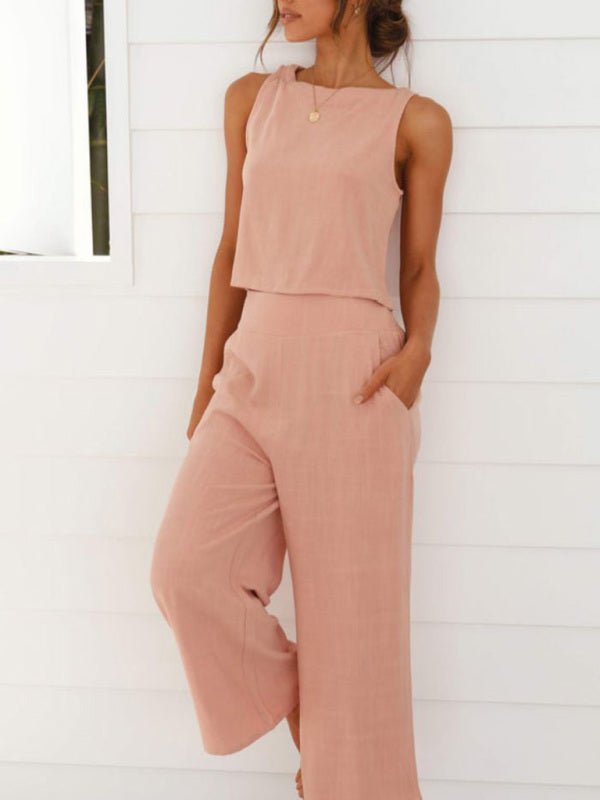 Blush pink linen two piece set for women with sleeveless top and wide-leg trousers